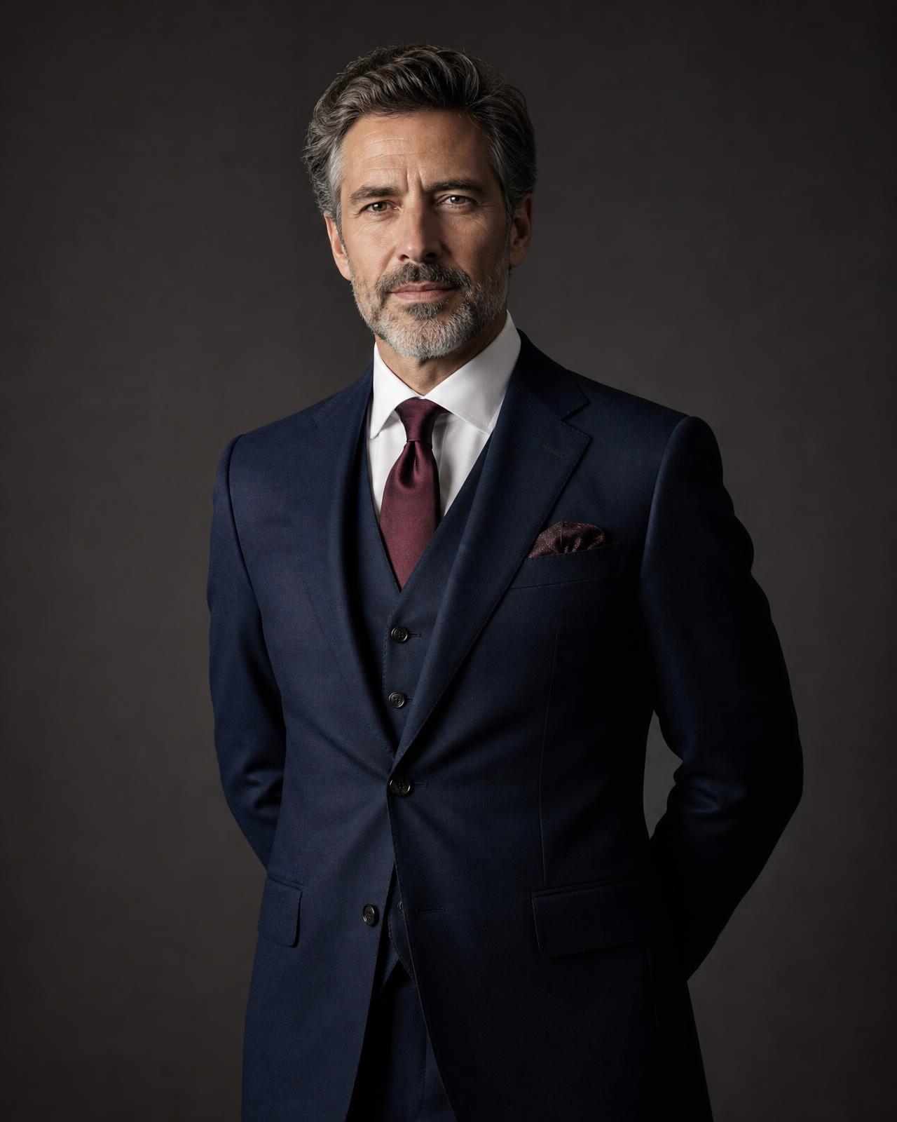 Michael Stephanski in a custom navy three-piece suit