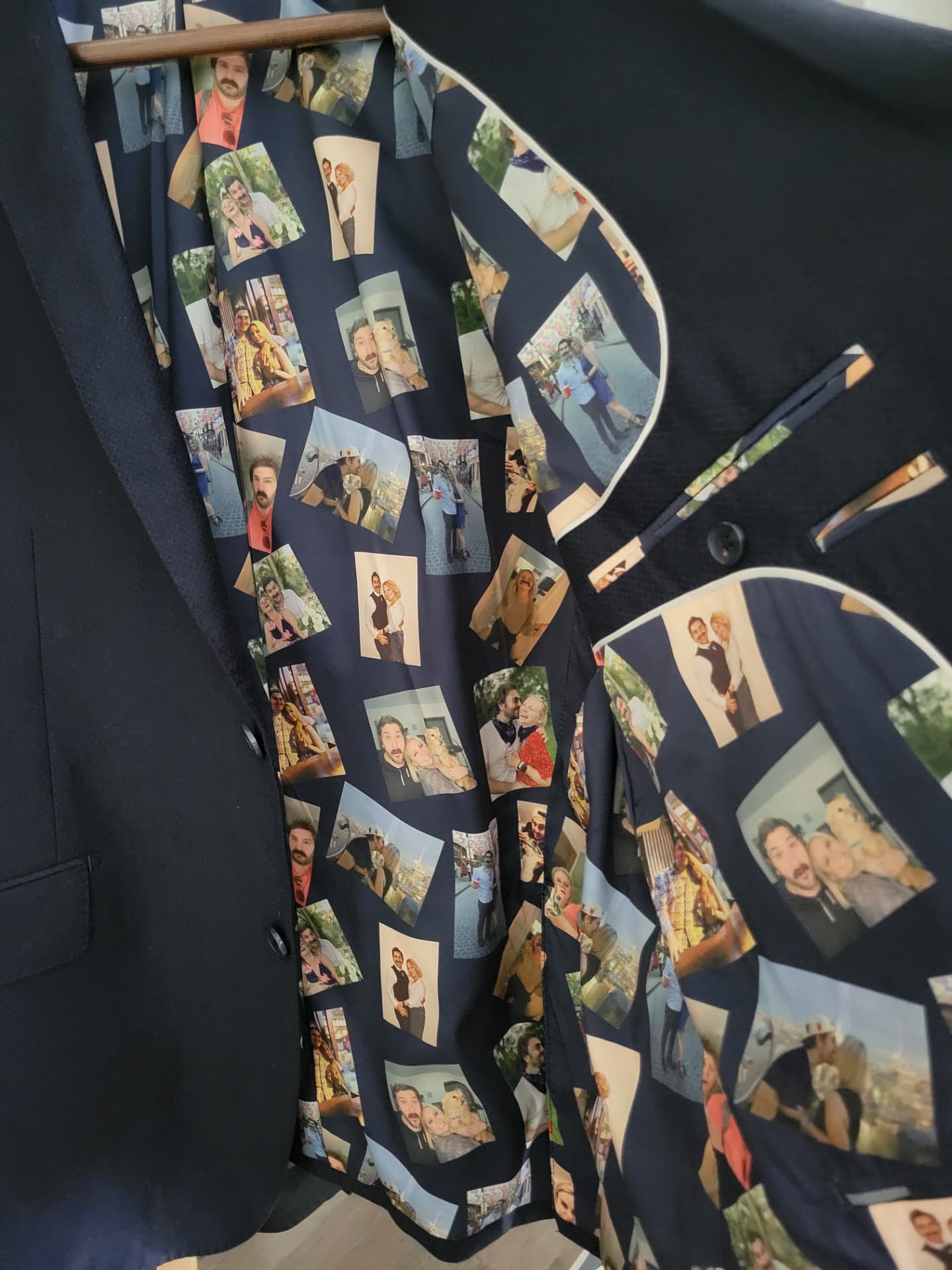 Wedding photo-print lining inside a custom suit jacket